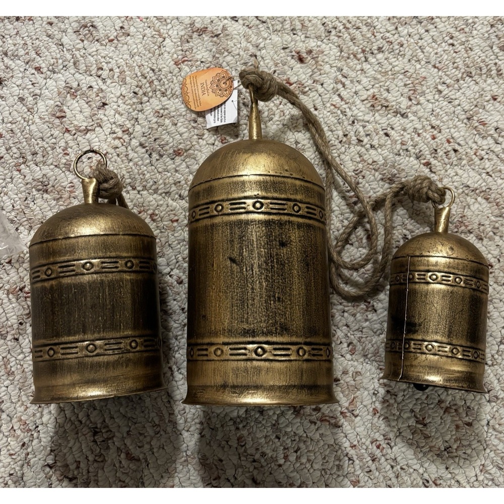 Set of 3 Gold Hanging Metal Bells w/ Rope Loops, Rustic Door Decor